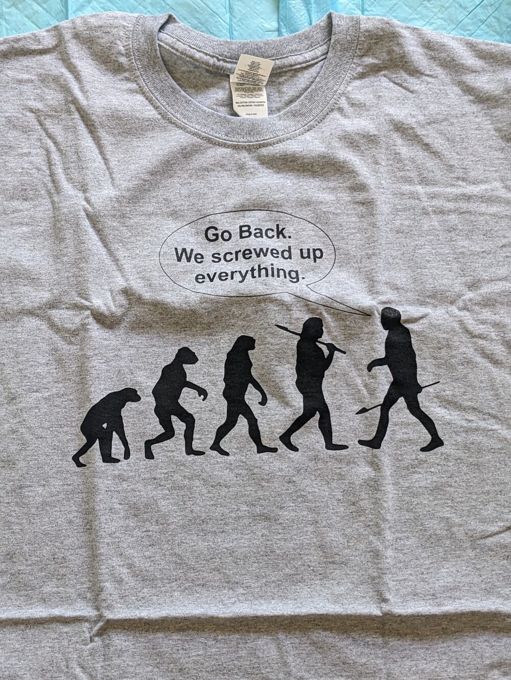 Gildan Gray Tee with Black Evolution Go Back Graphic 2XL Unisex Short Sleeve